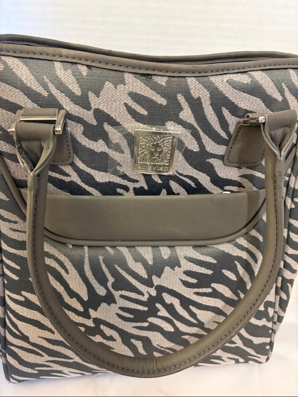 Anne Klein Gray and Taupe Zebra-Print Tote with Logo Plaque